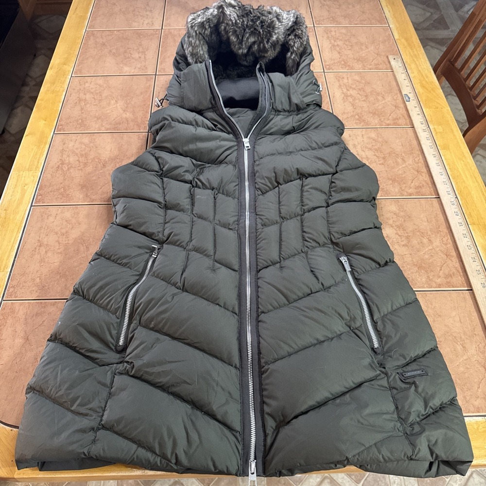 Athleta Women's Size Large Hooded Brown Puffer Vest Goose Down Zip - Picture 1 of 10
